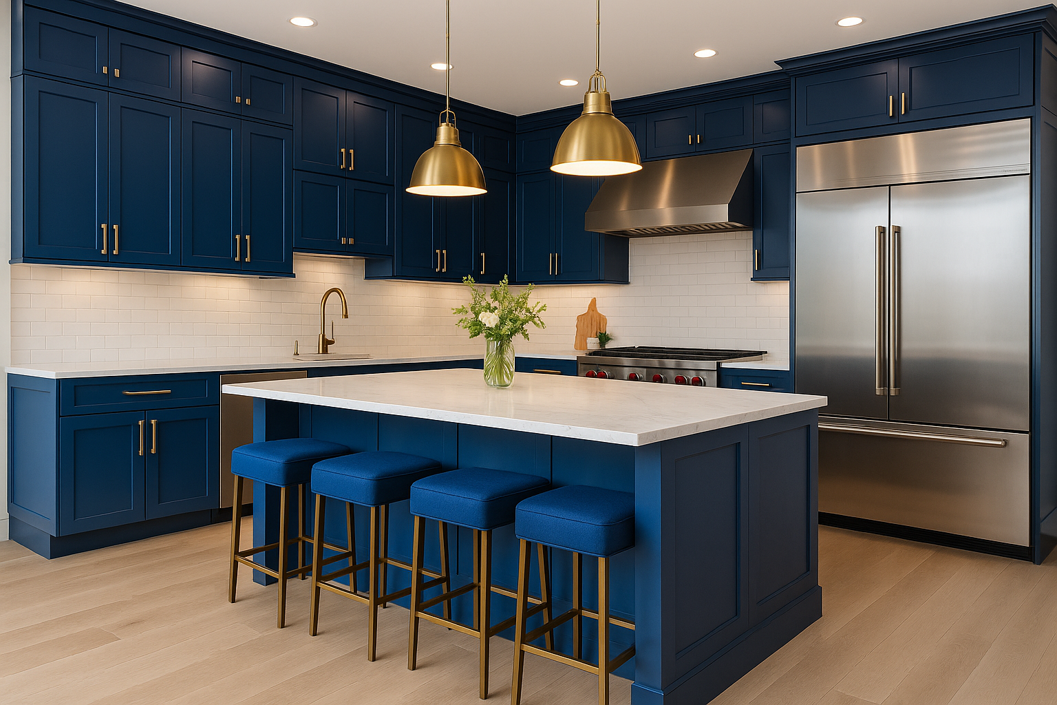 a kitchen in bleu roi , very attractive furniture